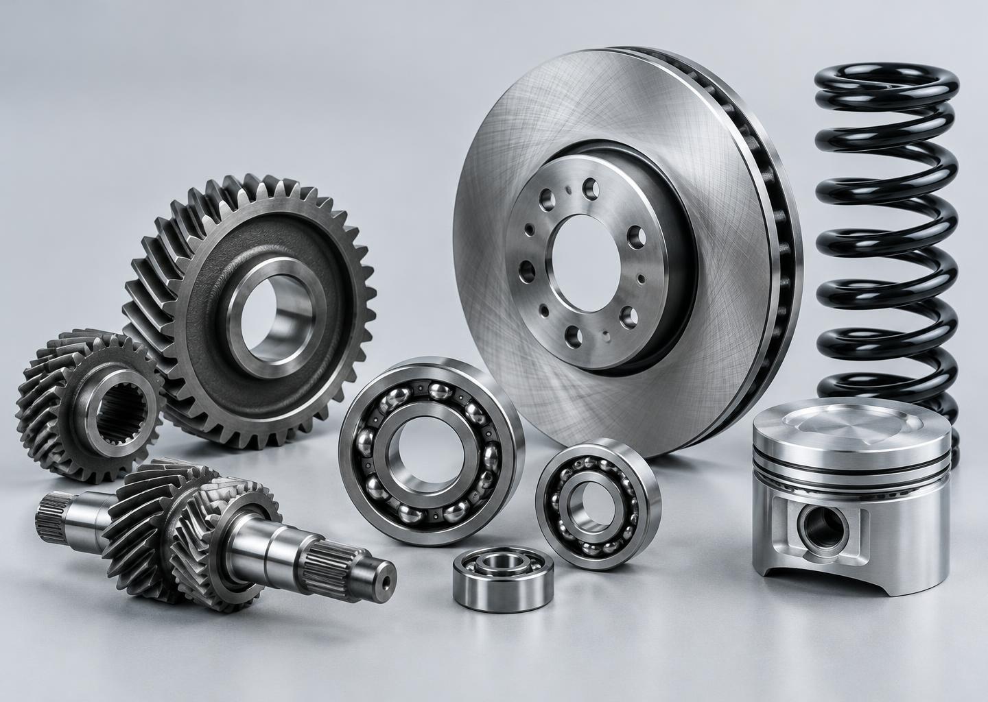 Illustrative automotive gears, bearings, brake disc and piston