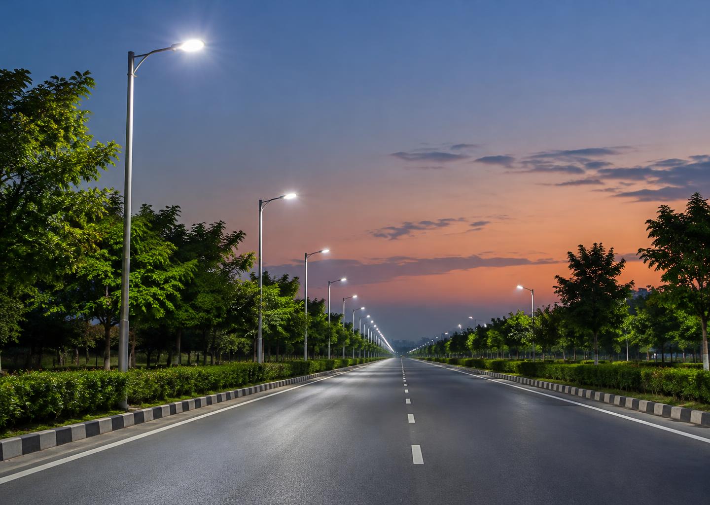 Illustrative road illuminated by LED street lights
